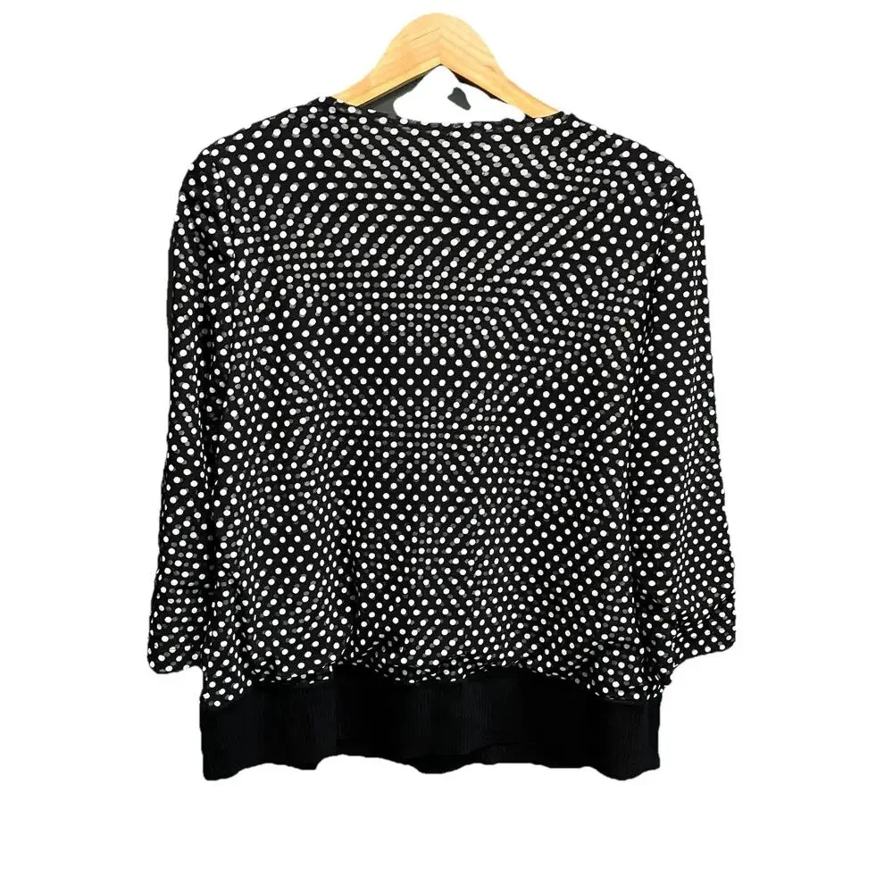 Exclusively Misook Black White Polka Dot Padded Shoulder Women's Cardigan Size M